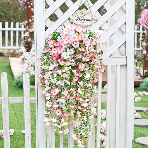 Waipfaru Artificial Petunias Flowers for Outdoors, 2 Pcs UV Resistant Fake Hanging Plants Spring Outside Decor, Faux Silk Flowers Long Trailing Vines for Outdoor Planters Porch Garden (Pink White) - color: Pink, size: 2 PCS