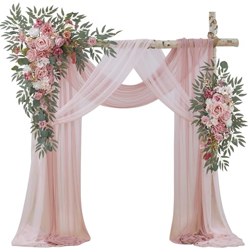 Wedding Arch Flowers with Drapes Kit (Pack of 4) - 2pcs Artificial Dusty Rose Deluxe Swag with 2pcs Sheer Drapes for Wedding Ceremony Arbor Reception Backdrop Rose Floral Decoration - color: Dusty Rose