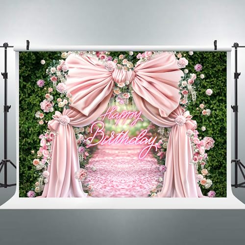 Riyidecor Happy Birthday Backdrop Polyester Fabric Pink Bow Floral Green Leaves Botanical Plant Nature Blossom Neon Flower Wall 7Wx5H Feet Girls Photography Background Birthday Photo Studio Shoot - color: A-Green a Bow, size: 7Wx5H