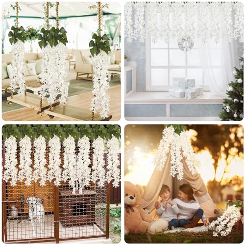 RECUTMS Artificial Lilac Flowers Garland 8Pcs-24Branches 33.5in Fake Syringa Wisteria Vines Faux Silk Lilac Hanging Floral Decoration for Indoor Outdoor Wedding Arch Birthday Party Garden (White) - color: White