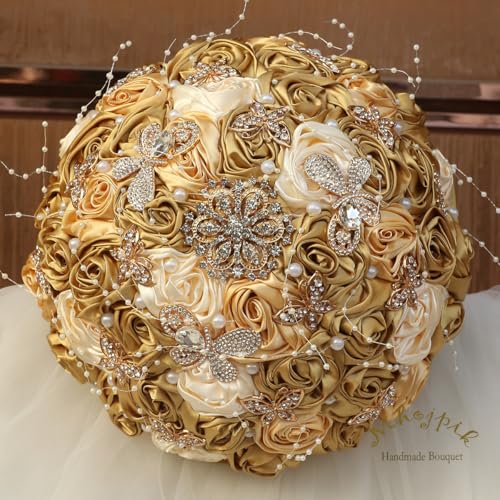 Handmade Wedding Flowers Bouquet Round Holding Bridal Bouquet Artificial Satin Roses Bunch for Bride Bridesmaid Wedding Quinceanera - color: Gold, Light Gold & Cream, size: Small (Dia. 7.5"/19cm)