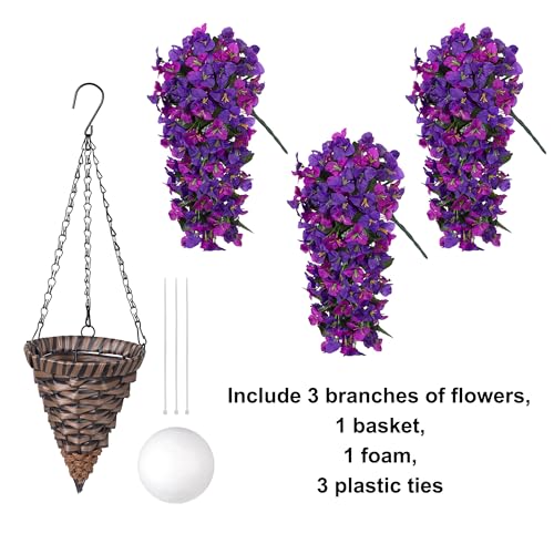 Artificial Bougainvillea Faux Flowers Plants Baskets for Outdoor Outside Decoration, 3PCS Fake Silk Flowers Long Trailing Vines UV Resistant Realistic for Front Door Porch Patio (Dark Purple Fuchisa) - color: Dark Purple Fuchisa