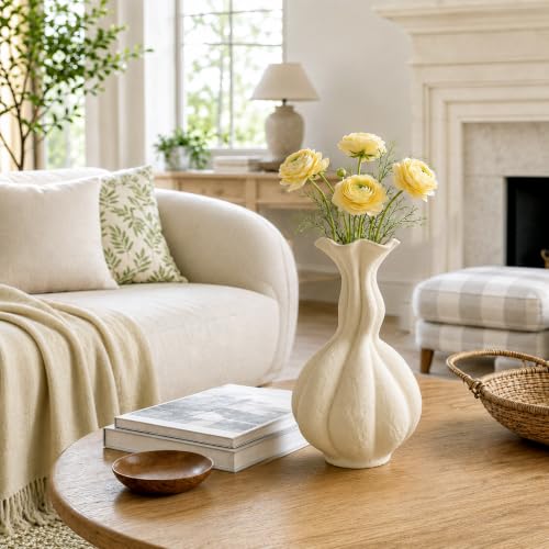 DOWAN Ceramic Flower Vase, 10" Decorative Pampas Vase for Home Decor, Modern Farmhouse Pottery Vase for Living Room Table Kitchen Bedroom Coffee Desk Entryway Mantel Book Shelf, Soft White - color: Soft White, size: 10 INCH