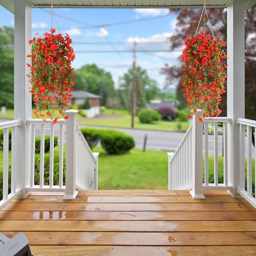 Sggvecsy Artificial Fake Hanging Flowers Plants for Outdoor Outside Spring Summer Decoration 2PCS Faux Silk UV Resistant Realistic Mums Daisy with Eucalyptus for Home Porch Patio Balcony(Red) - color: Red