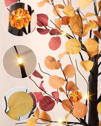 Uieke 24inch Artificial Fall Eucalyptus Tree Prelit 48 LED Tabletop Fall Tree with 12 Pumpkin Lights Battery Operated with Timer, Fall Decorations for Home Thanksgiving Halloween Decor - style: 24inch Fall Tree(2Pack)