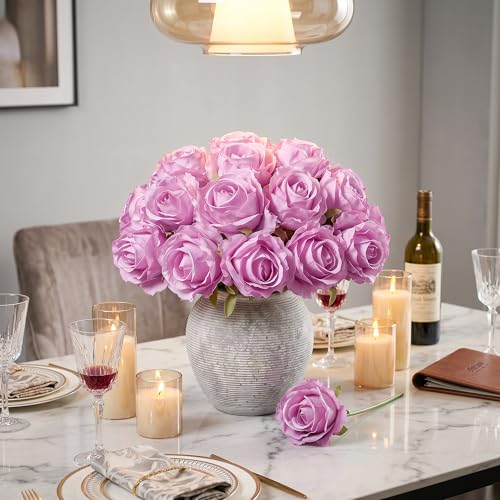 Ivydale 18pcs Pink Roses Artificial Flowers, Fake Roses Silk Flowers with Stems Realistic Bouquet for Mother's Day Wedding Party Home Decoration DIY Centerpiece Floral Romantic Gifts - color: Rose-pink