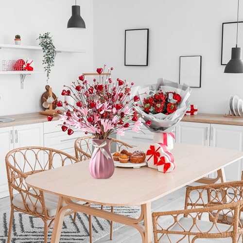 Valentine’s Day Gifts 12 Pcs Heart Shaped Berry Picks Artificial Red Heart Berry Twigs Forsythia Stem Branches with Pink Flowers for Valentine’s Day Anniversary Flower Bouquets Wedding Home Decor - color: Red and Pink