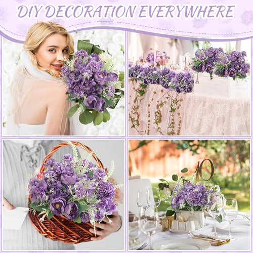 Lyrow 8 Pcs Peony Artificial Flowers Fake Silk Hydrangea Bouquet Elegant Peony Flowers for Wedding Decoration Faux Realistic Floral for Home Party Table Centerpieces Arrangement (Purple) - color: Purple