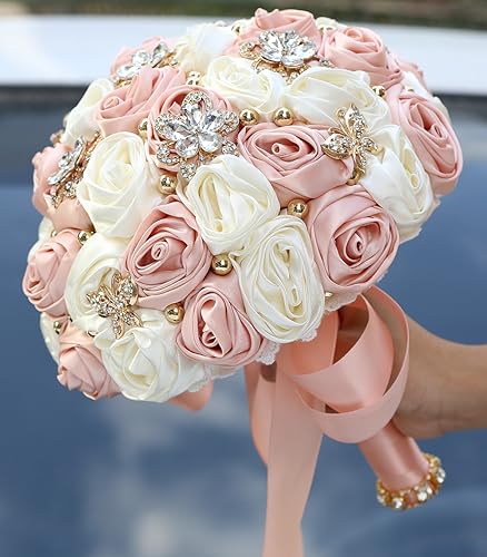 5.9" Mini Bridal Bouquet Handmade Satin Rose Round Wedding Bouquet Throw Toss Artificial Flower Bunch Pale Pink + Ivory - color: 809a Pale Pink/Ivory, size: 5.9"/15cm