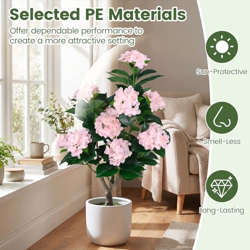 Goplus Artificial Hydrangea Tree, 2 Pack Fake Floral Plant w/11 White Flowers & Realistic Trunk in Plastic Nursery Pot, Indoor Silk Flower Tree for Home Office Living Room Housewarming Gift (Pink) - color: Pink