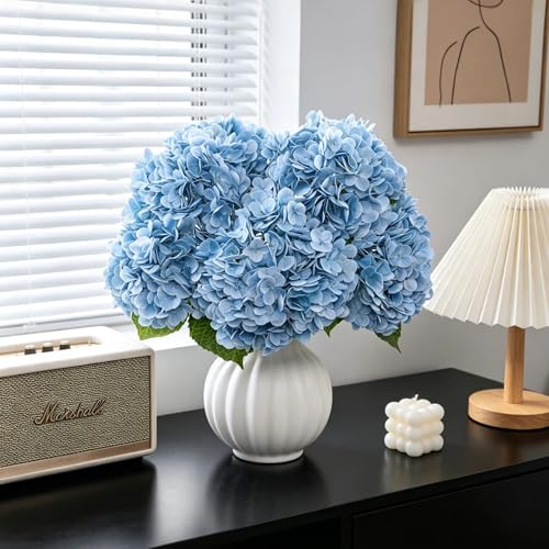 LFF 3Pcs Baby Blue Hydrangea Artificial Flowers, 8.66" Large Real-Touch Latex Blooms with 22" Long Stems, Faux Hydrangea for Outdoor Planter Indoor Home Table Centerpieces Wedding Decor Bouquets - color: Baby Blue