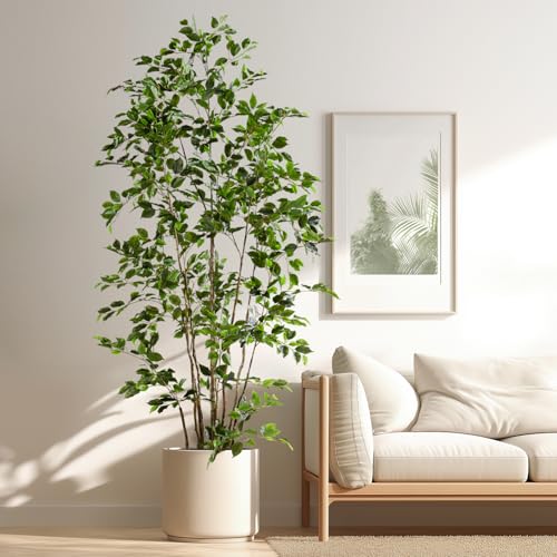 Bailikang Artificial Ficus Tree Indoor 8ft, Large Potted Faux Tree with Realistic Silk Leaves & Trunk for Home Office, Living Room Corner Decor - color: Green, size: 8ft