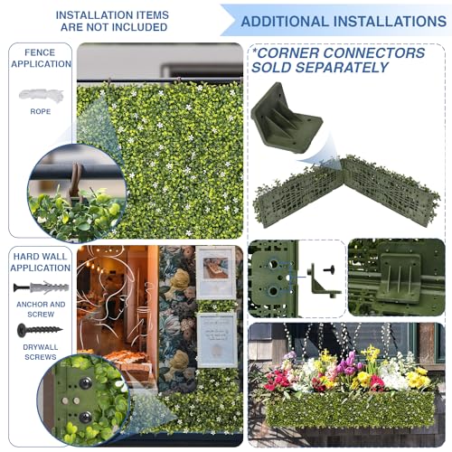 E&K 6 PCS 18"x6" Artificial Plant Panels with Single Side White Flowers Panels Hard Back Faux Leaf Greenery Grass Wall Decoration for Indoor Outdoor - color: Green White, size: 18"x6"