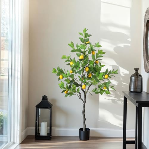 Daifunli 1 Pack Artificial Lemon Tree with Realistic Leaves and Natural Trunk Faux Tree with Silk Leaves for Porch Home Office Farmhouse Indoor Outdoor Housewarming Gift - style: Lemon