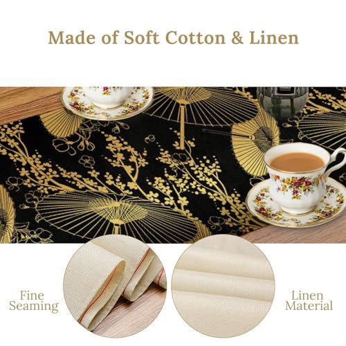 Japanese Table Runner, Gold Fan Umbrella Flower Pattern Traditional Asian Luxury Table Runner for Coffee Kitchen Dining Holiday Home Party 13x36in - color: Aisa-9, size: 13x36in