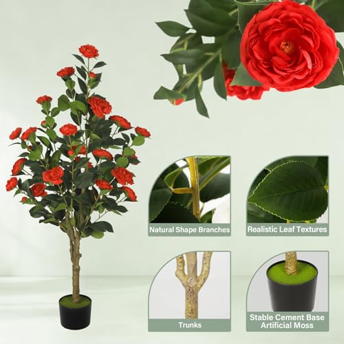 2-Pack 4FT Artificial Camellia Tree,Realistic Fake Potted Plants with Flowers&Planters,Indoor/Outdoor Faux Flowering Trees for Home,Office,Porch,Wedding,and Housewarming Gift Decor,Red - color: Red