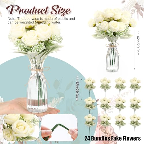 Zeyune 36 Pack Artificial Flowers Centerpiece with Vase Bulk for Wedding Table 24 Bundles Silk Floral Faux Rose Bouquet with 12 Plastic Vase for Bridal Shower Table Decor(White) - color: White