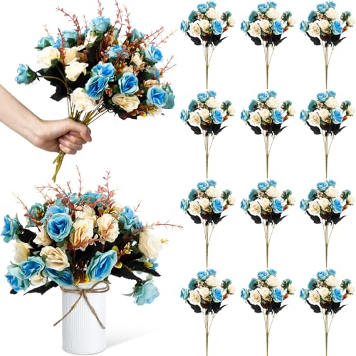 Hotop 12 Bunches of Artificial Flowers Centerpiece 13 Inches Silk Fake Roses Bouquets for Table Decoration Faux Arrangement Flowers for Wedding Cemetery Memorial Day (Light Blue) - color: Light Blue