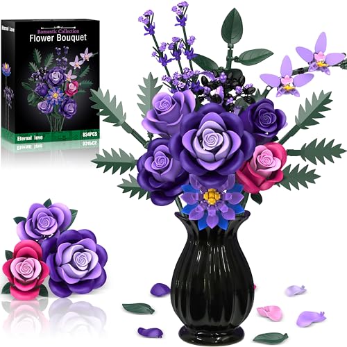 Purple Roses Flower Bouquet Building Sets, 834PCS Artificial Flowers Botanical Collection Compatible with Lego Flowers for Adults Gothic Decor, Valentines Day Gifts for Women Her Wife Girlfriend Mom