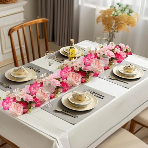 6Pcs Garland Artificial Flowers, Realistic Flower Vines for Wedding Arch Decor, Faux Silk Floral Runner Silk Hanging Flower Vines for Home Garden Outdoor Wedding Arch Party Ceremony - color: Rose Red + Pink