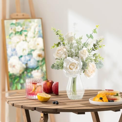 Artificial Flowers with Vase,White Silk Roses and Fake Plant Eucalyptus in Vase,Faux Flower Arrangement with Vase Suitable for Home Office Decoration, Living Room and Dining Table Centerpiece - color: White-1
