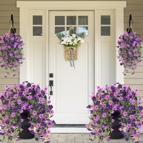 Artificial Fake Hanging Flowers Plants for Outdoor Outside Spring Summer Decoration 2PCS Faux Silk UV Resistant Realistic Mums Daisy with Eucalyptus for Home Porch Patio Balcony(Purple & Magenta) - color: Purple & Magenta