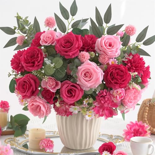 10 Pcs Mixed Artificial Flower Set, Artificial Peony Bouquet Fake Rose Flower Silk Floral Arrangements for Table Centerpiece Home Wedding Party Bridal Vase Decoration(Mixed Pink, 6 Bouquets & 4 Stems) - color: Mixed Pink, size: Mixed 10pcs