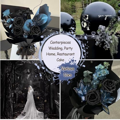 Artificial Flowers Roses with Stems for DIY Wedding Christmas Tree Bouquet Baby Shower Centerpiece Floral Arrangement Party Home Decor Mothers Day Decorations (Black, 50) - color: Black, size: 50