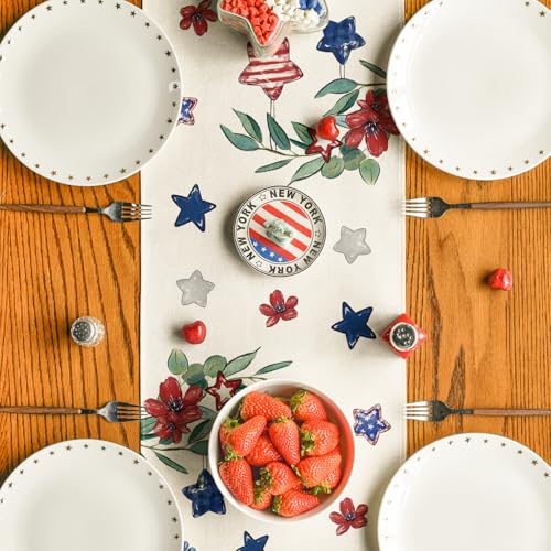 Artoid Mode Red Eucalyptus Flowers Stars Patriotic 210 GSM 4th of July Table Runner, Memorial Day Kitchen Dining Table Decoration for Home Party Decor 13x72 Inch - color: Red, size: 13" x 72", Table Runner