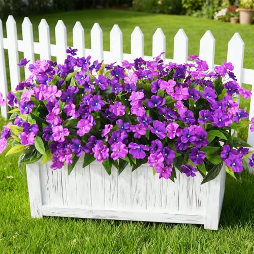 Artificial Impatiens Flowers for Outdoors, 6 Bundles Silk Fake Flowers for Spring Summer Decoration, UV Resistant Faux Plants Plastic Bouquet for Home Planter Porch Patio Yard Decor(Double Purple) - color: Double Purple