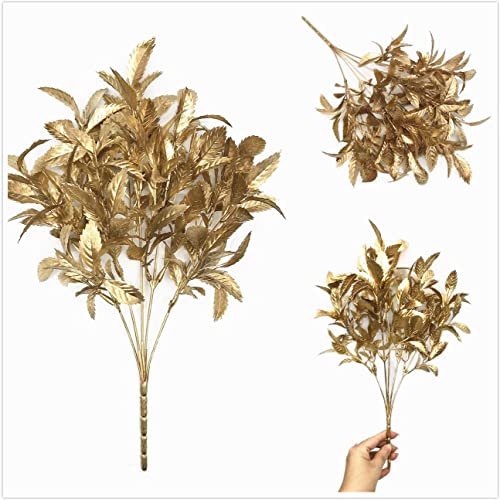 PASYOU Artificial Golden Plants, Fake Foliage Shrubs Decor Plastic Faux Plant for Indoor Outdoor Home Garden Office Party Hall Verandah Wedding DIY Christmas Decoration Gold Leaves Bundles - 3 Pack - color: Gold Leaves - 3 Pack