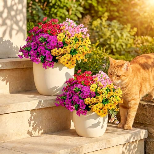 Kingsboomy Artificial Flowers for Outdoors, Faux Plants Flowers, 12 Bundles Silk Colorful Fake Flowers Eucalyptus Realistic UV Resistant for Outside Home Planter Porch Patio Yard Decor (12, 6 Colors) - color: 6 Colors