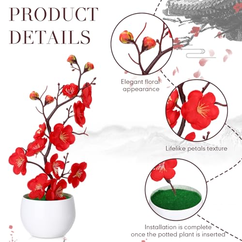 Suncalla 4 Pack Artificial Red Plum Blossom Fake Bonsai, Silk Flower Arrangement with Flower Pot, Cherry Blossoms Decor for Hibachi Party Chinese Japanese Asian Theme Party Supplies (Upright) - style: Upright