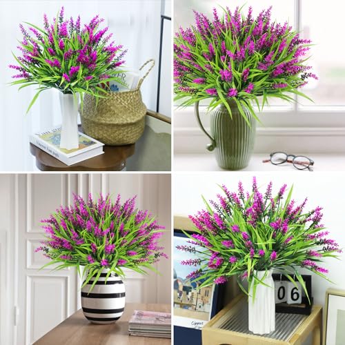 Ouddy Decor 24 Bundles Artificial Flowers for Outdoors, Fake Lavender Flowers Monkey Grass Faux Plastic Plants Shrubs UV Resistant for Porch Garden Window Box Office Home Decorations, Fuchsia - color: Fuchsia