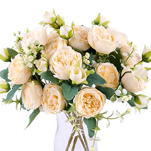 Floweroyal 4 Bunches Peony Artificial Flowers Champagne Flowers Silk Peonies Bouquets for Wedding Party Table Centerpieces Floral Arrangement Home Kitchen Decor. - color: Champagne-4pcs