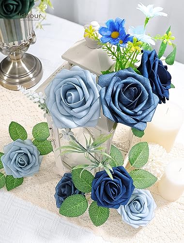 25pcs Artificial Flower，Real Looking Foam Roses w/Stem for DIY Wedding Bouquets Centerpieces Bridal Shower Party Decor-Shades of Navy Blue - color: Shades of Navy Blue