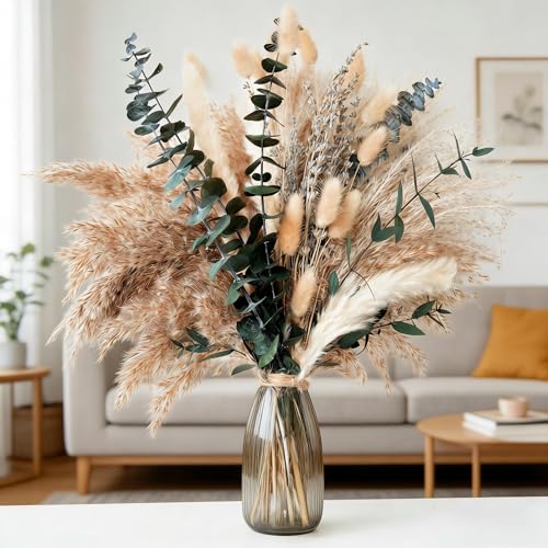 Boho Spring Dried Floral Bouquet for Home, Wedding Tables and Special Events – Pampas and Bunny Tail 17 Inch (Natural Mix) - color: Natural Mix