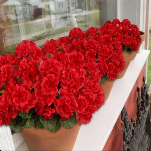 4 Pcs Artificial Geraniums Flowers for Outdoors Silk Geranium Outside UV Resistant Red Fake Plants Faux Flowers for Outdoor Planters Pot Garden Patio Porch Window Courtyard Indoor Home Decor - color: Red