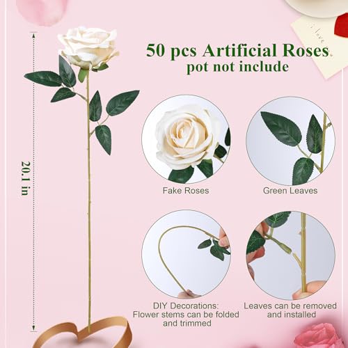50 PCS Champagne Roses Artificial Flowers, Fake Roses with Stem Realistic Silk Rose for DIY Wedding Bouquets Table Centerpieces Arrangements Baby Shower Birthday Home Decor Valentines Day Gift for Her - color: Champagne