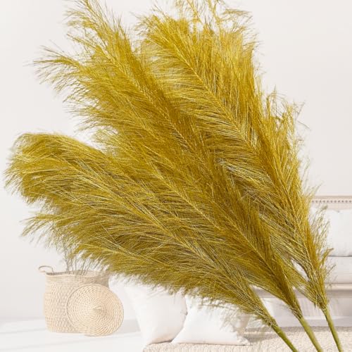 RyddeligHome Gold Pampas Grass Decor Living Room Holiday Decor, Home Accent Decor, Gold Feathers Floral Picks, Faux Pampas Grass Tall Large Fluffy, 3 Stems x 115cm/45in