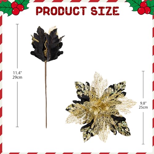 Briful 6PCS Poinsettias Christmas Tree Flowers 9.8'' Artificial Christmas Floral Picks and Sprays Large Black Silk Flowers with Stems for Xmas Home Vase Table Centerpiece Garland Decor - color: Black