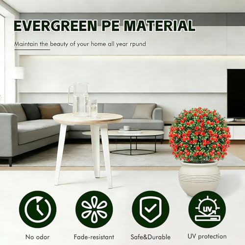 Artificial Red Eucalyptus Topiary Ball Tree (2-Pack) - 20" with Ground Spike for Faux Shrubs, Fake Evergreen Faux Plant for Indoor Outdoor Garden -UV Resistant–Fade-Proof - color: 2pcs-ground Cutting-red Rose