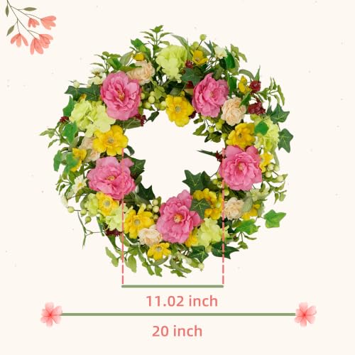 YNYLCHMX 20" Spring Summer Wreaths for Front Door, Artificial Floral Wreath with Peony and Eucalyptus Leaves, Green Foliage Wreath for Wall Window Farmhouse Party Holiday Home Decor - color: Colorful Peony