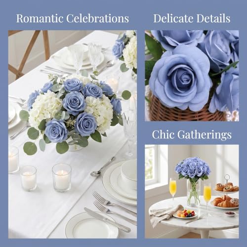 52pcs Dusty Blue Roses Artificial Flowers Fake Flowers Silk Roses with Stems for DIY Wedding Bouquets Bridal Shower Centerpieces Arrangements Party Decorations - color: Dusty Blue