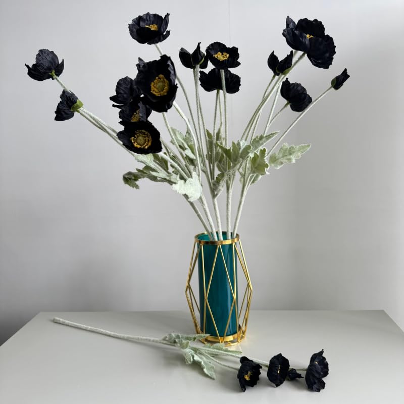 Poppy Flowers Artificial,Poppy Silk Flowers with Stems，Ranunculus Artificial Flowers，Faux Flower Stems for Wedding,Party, Outdoor Indoor Decor Flower Arrangements for Table (3, Black) - color: Black