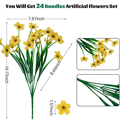Lnoicy 24 Pcs Artificial Flowers for Outdoor,Plastic Flowers Decoration, UV Resistant Faux Flowers Shrubs, Artificial Plants for Indoor Outside Garden Home Wedding Farmhouse(Yellow) - color: Yellow, size: 24