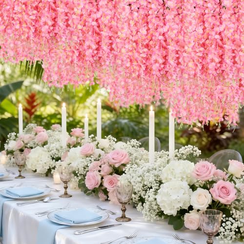 12 Pack Wisteria Hanging Flowers, Fake Hanging Flowers, 3.61 Ft Artificial Flower Vines Strings, Silk Wisteria Flowers for Home Wedding Arch Backdrop Outdoor Party Garden Yard Decor (Pink) - color: Pink, size: 12 Pack