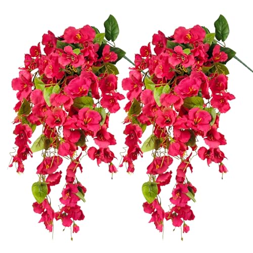 Artificial Fake Hanging Flowers Plants for Outdoor, Faux Silk Hibiscus Long Trailing Vines Realistic UV Resistant for Home Indoor Outside Front Porch Planter Patio Yard Decor,2Pcs (Red) - color: Red