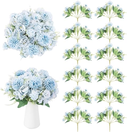 12 Bundles Artificial Peonies Bulk, Silk Fake Flowers Bouquet for Table Centerpieces Wedding Party, Spring Faux Floral for Home Decoration Indoor & Outdoor, Blue - color: Light Blue Peony