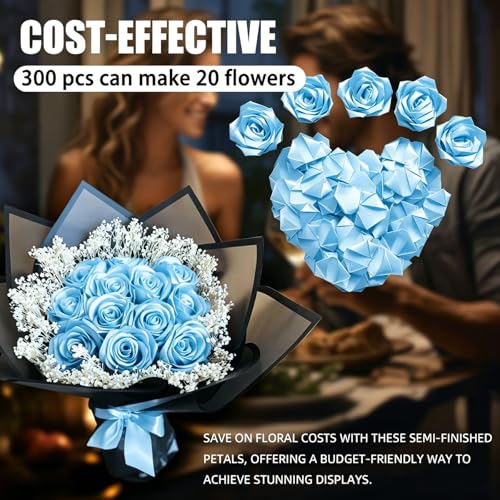 300Pieces Premade Satin Ribbon Rose Petals Half-Finished for Eternal Rose DIY Ramos Forever Flowers Bouquets Everlasting Floral,for Wedding,Anniversary,Engagment (300 Pcs Blue) - color: 300 Pcs Blue